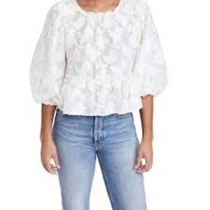 Free People Embroidered Puff Sleeve Peplum Top Ivory Boho Festival Size M Ruffle